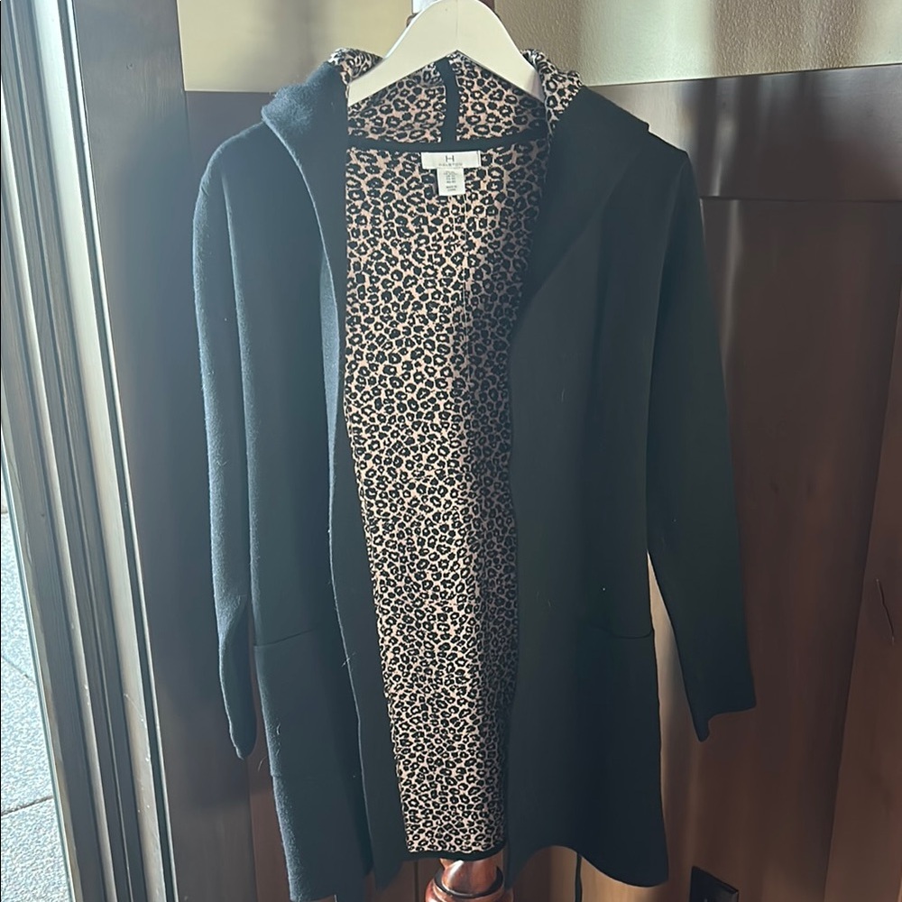 Black Hooded Cardigan with Leopard Print Lining